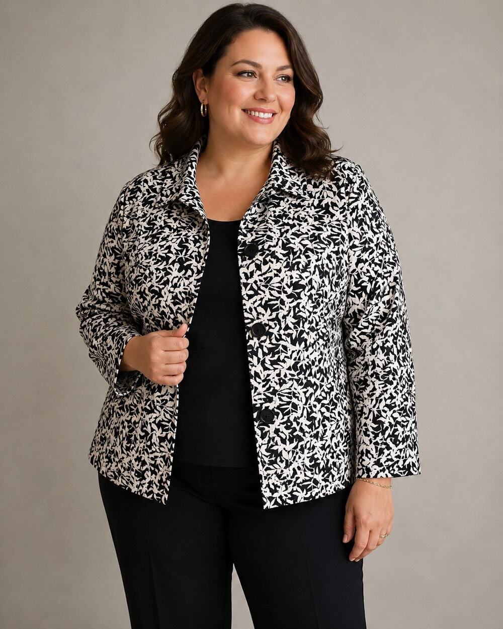 Croft & Barrow Women 1X Black White Floral Jacket Button Front Plus Size